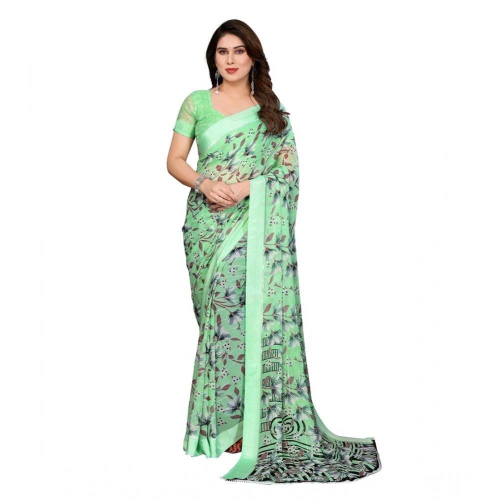 Generic Women's Georgette Printed Saree With Unstitched Blouse 5.5Mtr (Light Green) - MYLUXURY LANE ENTERPRISE