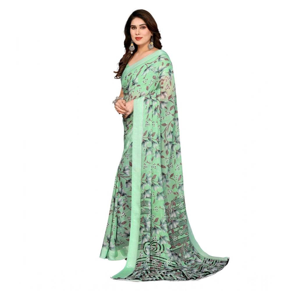 Generic Women's Georgette Printed Saree With Unstitched Blouse 5.5Mtr (Light Green) - MYLUXURY LANE ENTERPRISE
