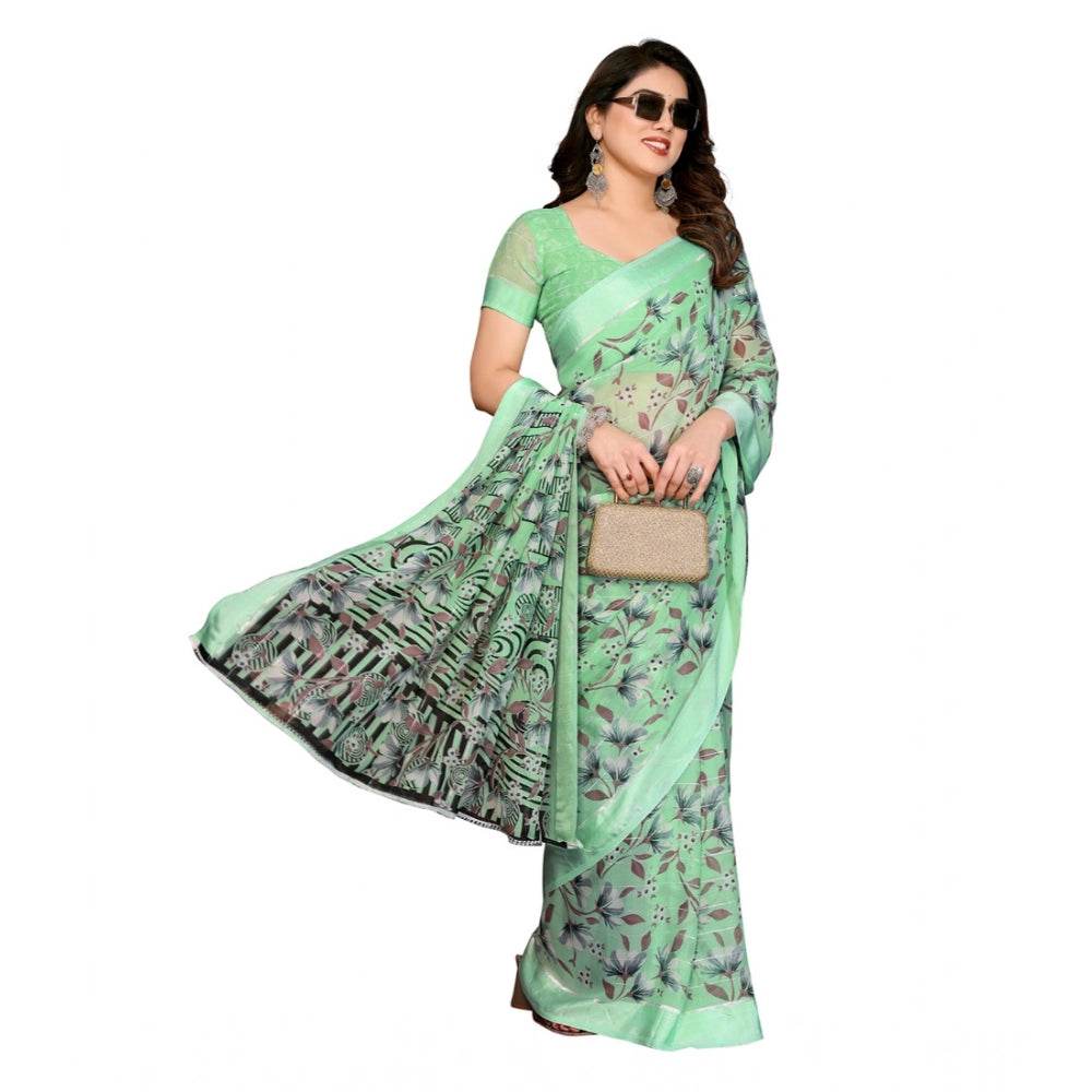 Generic Women's Georgette Printed Saree With Unstitched Blouse 5.5Mtr (Light Green) - MYLUXURY LANE ENTERPRISE
