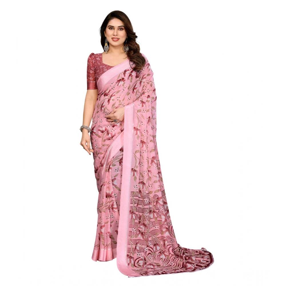 Generic Women's Georgette Printed Saree With Unstitched Blouse 5.5Mtr (Pink) - MYLUXURY LANE ENTERPRISE