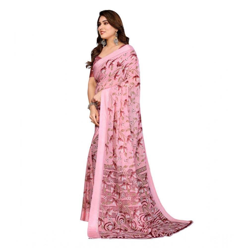 Generic Women's Georgette Printed Saree With Unstitched Blouse 5.5Mtr (Pink) - MYLUXURY LANE ENTERPRISE