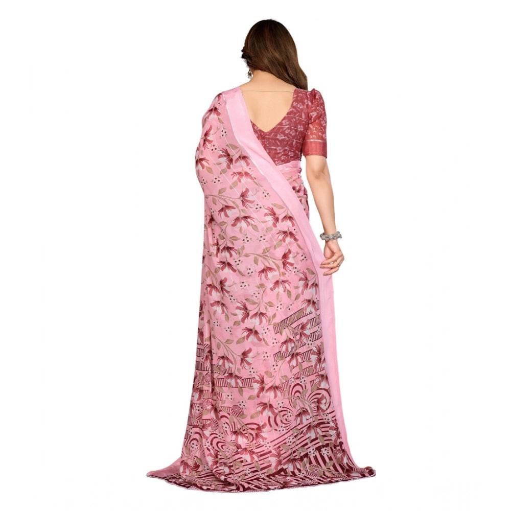 Generic Women's Georgette Printed Saree With Unstitched Blouse 5.5Mtr (Pink) - MYLUXURY LANE ENTERPRISE
