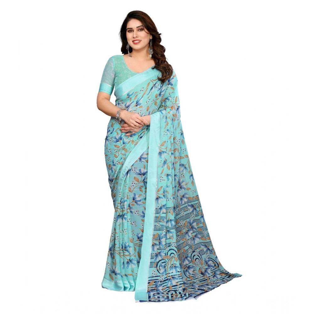 Generic Women's Georgette Printed Saree With Unstitched Blouse 5.5Mtr (Blue) - MYLUXURY LANE ENTERPRISE