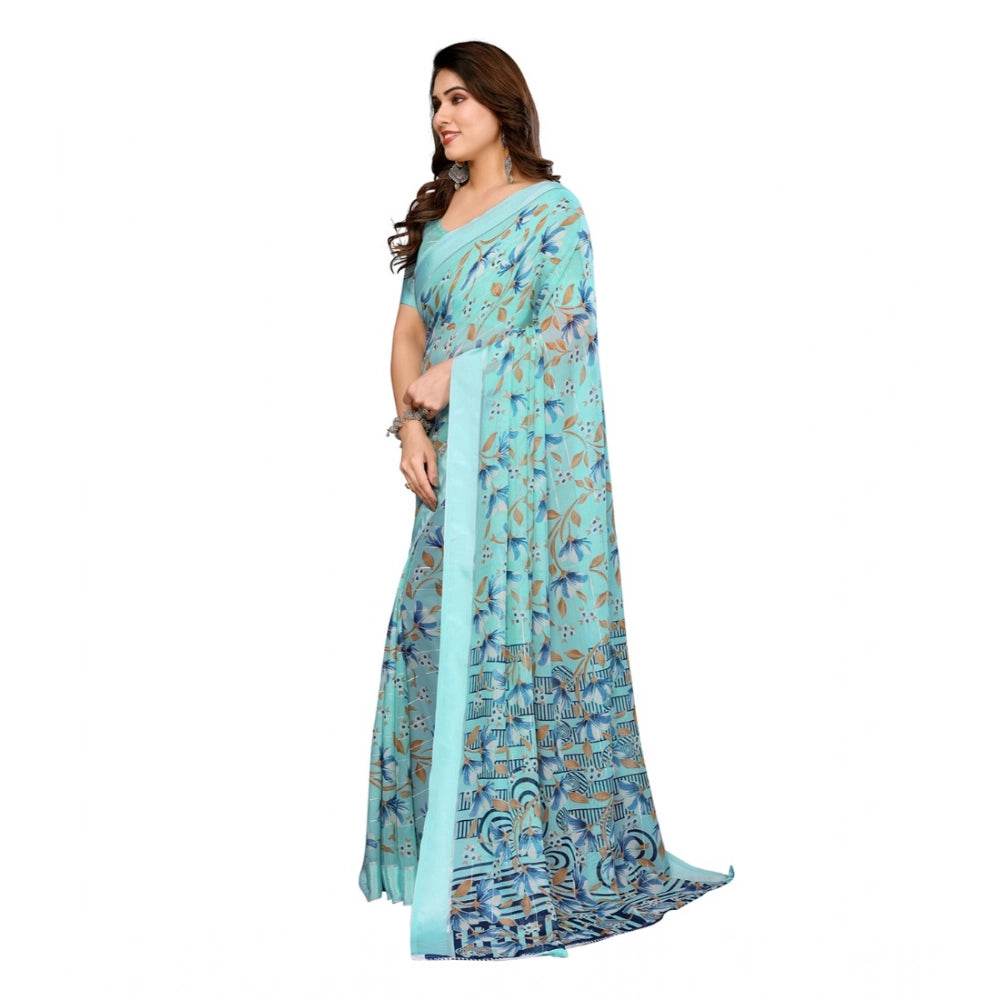 Generic Women's Georgette Printed Saree With Unstitched Blouse 5.5Mtr (Blue) - MYLUXURY LANE ENTERPRISE