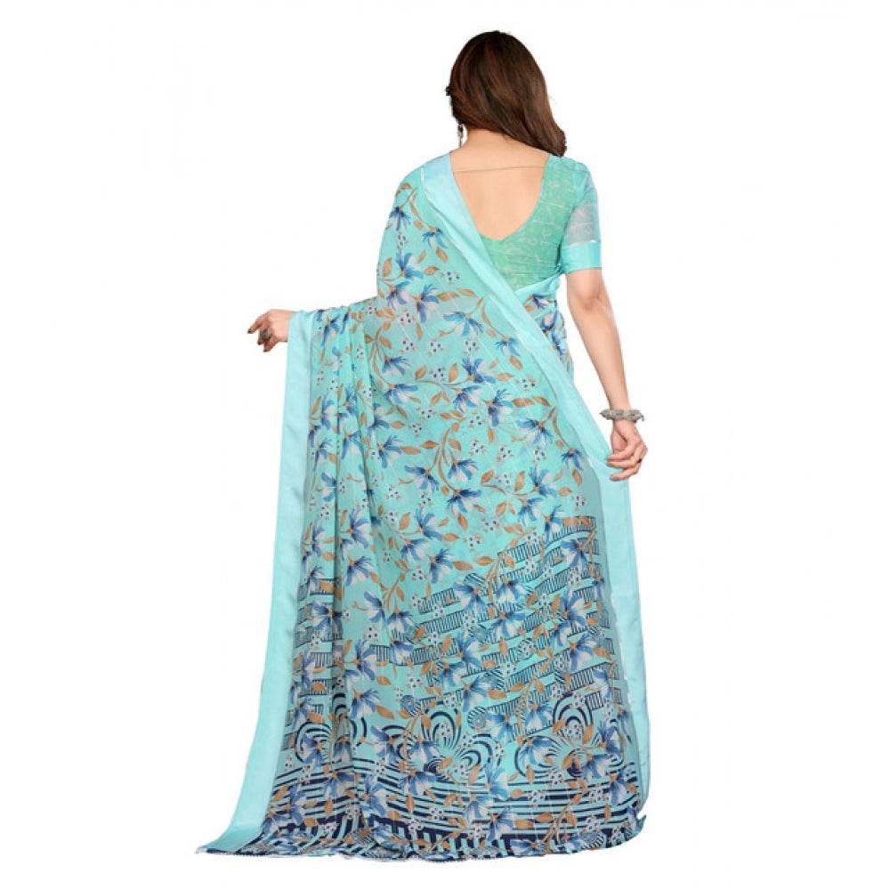 Generic Women's Georgette Printed Saree With Unstitched Blouse 5.5Mtr (Blue) - MYLUXURY LANE ENTERPRISE