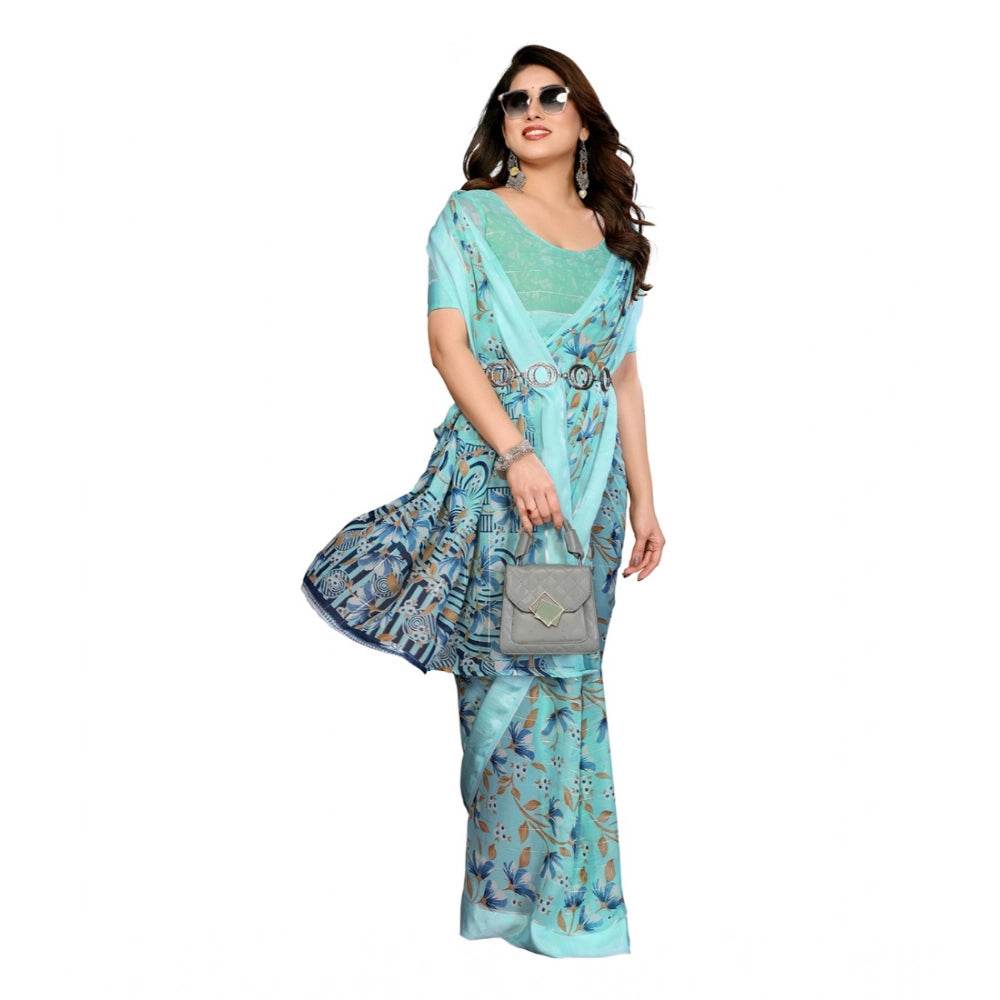 Generic Women's Georgette Printed Saree With Unstitched Blouse 5.5Mtr (Blue) - MYLUXURY LANE ENTERPRISE
