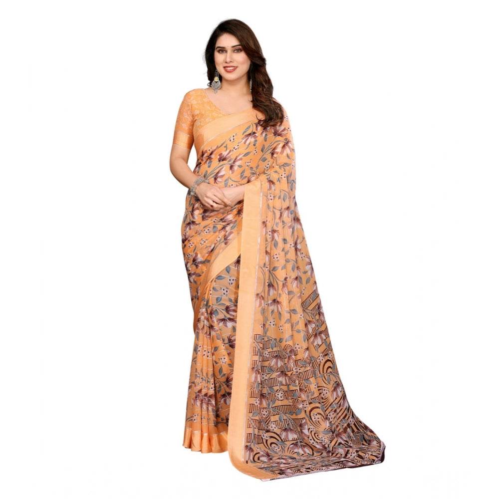 Generic Women's Georgette Printed Saree With Unstitched Blouse 5.5Mtr (Orange) - MYLUXURY LANE ENTERPRISE