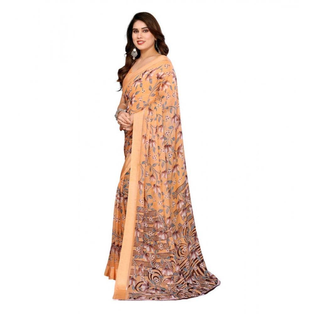 Generic Women's Georgette Printed Saree With Unstitched Blouse 5.5Mtr (Orange) - MYLUXURY LANE ENTERPRISE