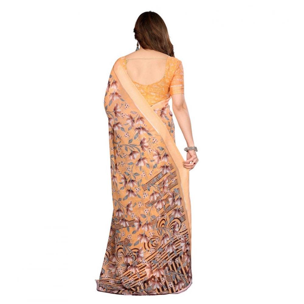 Generic Women's Georgette Printed Saree With Unstitched Blouse 5.5Mtr (Orange) - MYLUXURY LANE ENTERPRISE
