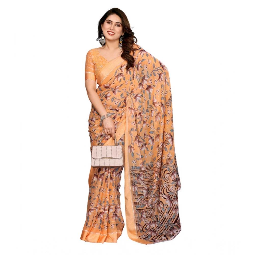 Generic Women's Georgette Printed Saree With Unstitched Blouse 5.5Mtr (Orange) - MYLUXURY LANE ENTERPRISE