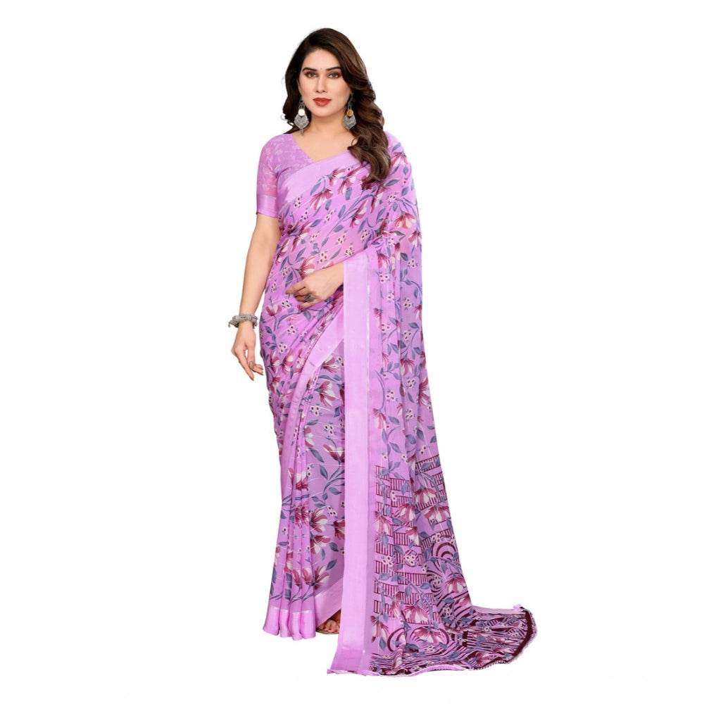 Generic Women's Georgette Printed Saree With Unstitched Blouse 5.5Mtr (Purple) - MYLUXURY LANE ENTERPRISE
