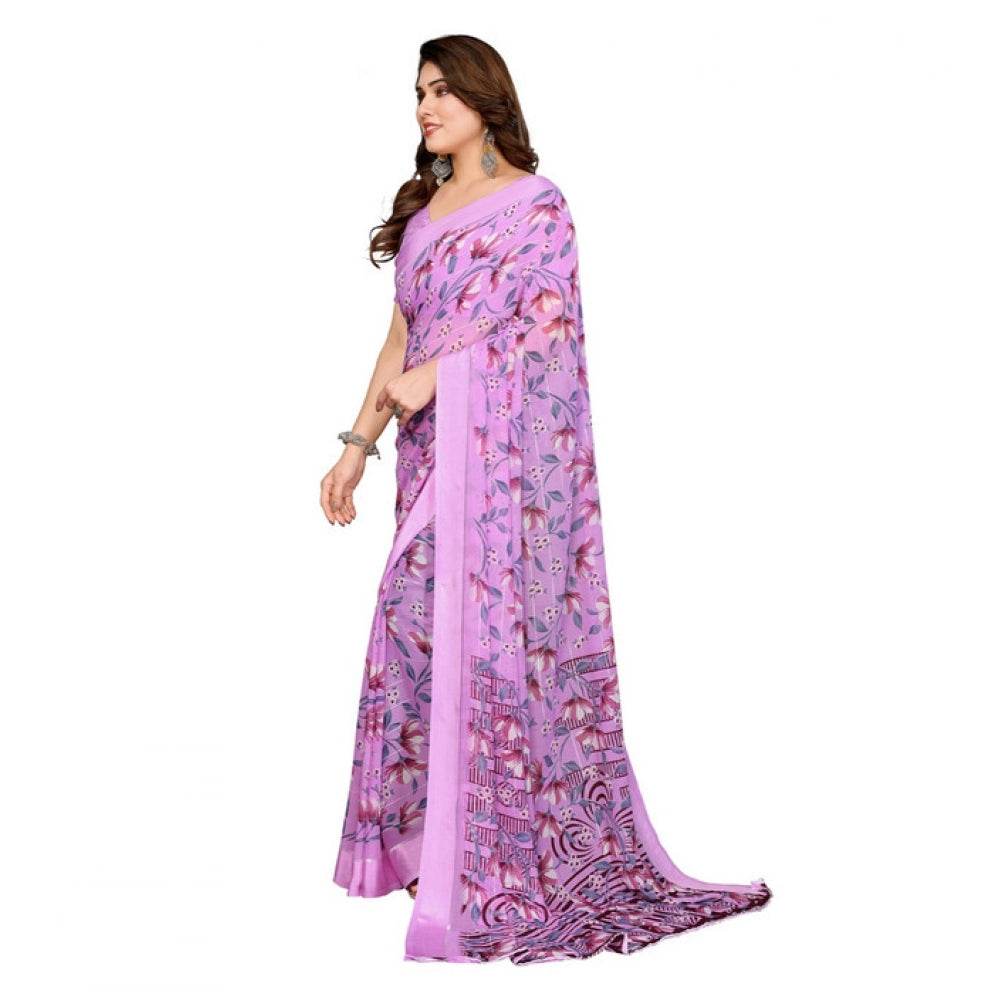 Generic Women's Georgette Printed Saree With Unstitched Blouse 5.5Mtr (Purple) - MYLUXURY LANE ENTERPRISE