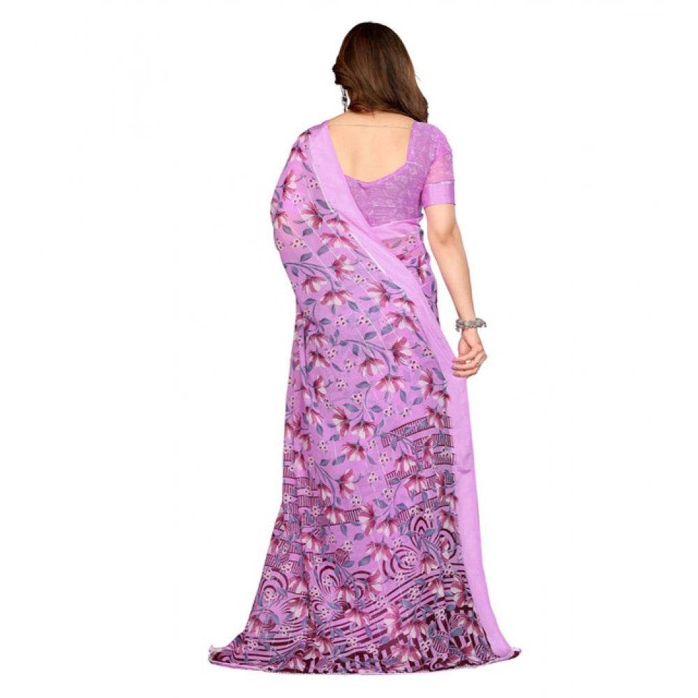 Generic Women's Georgette Printed Saree With Unstitched Blouse 5.5Mtr (Purple) - MYLUXURY LANE ENTERPRISE