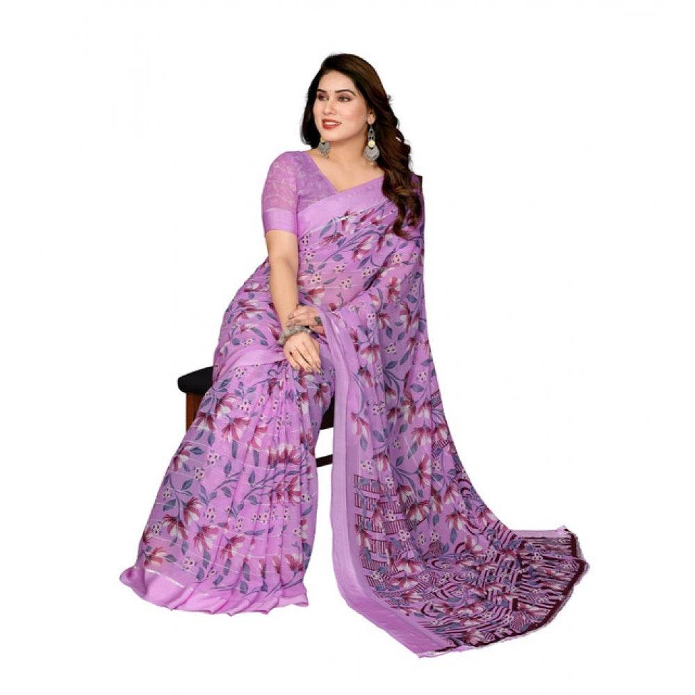 Generic Women's Georgette Printed Saree With Unstitched Blouse 5.5Mtr (Purple) - MYLUXURY LANE ENTERPRISE