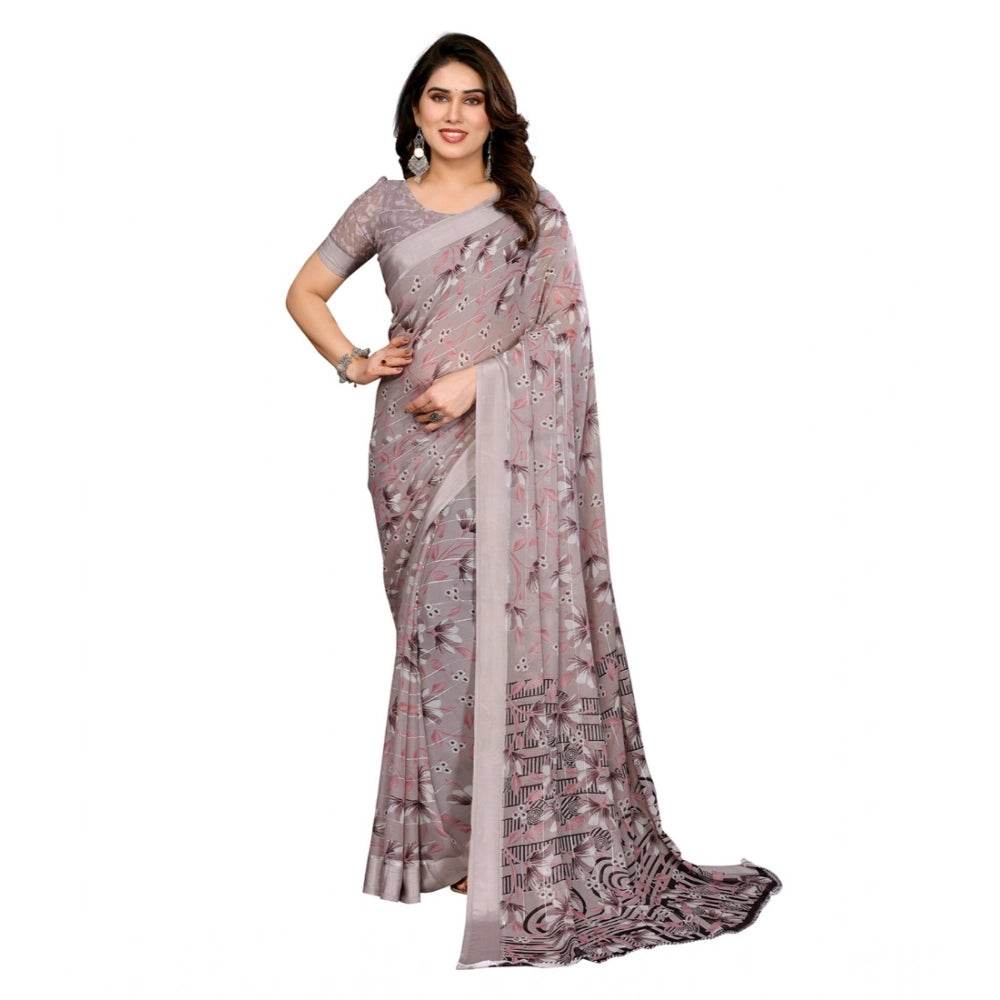 Generic Women's Georgette Printed Saree With Unstitched Blouse 5.5Mtr (Grey) - MYLUXURY LANE ENTERPRISE