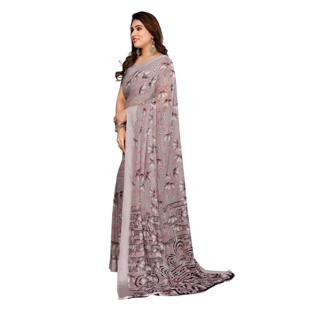 Generic Women's Georgette Printed Saree With Unstitched Blouse 5.5Mtr (Grey) - MYLUXURY LANE ENTERPRISE