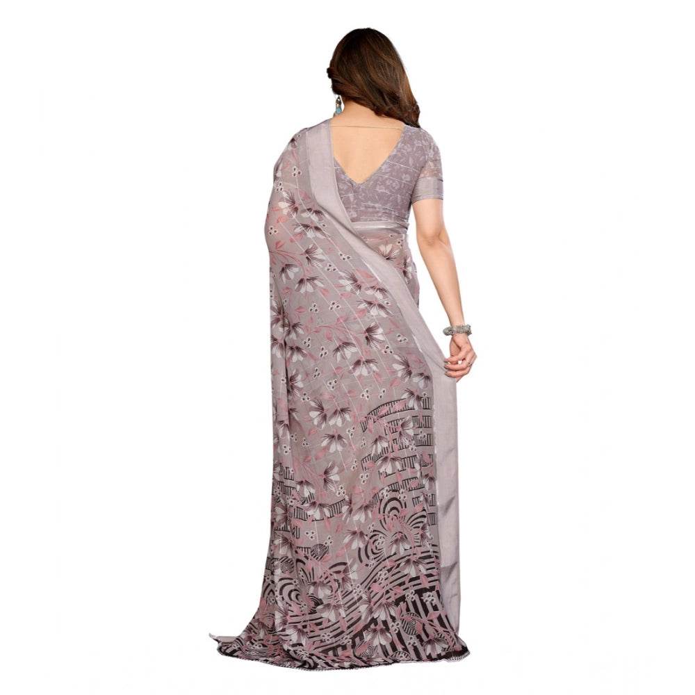 Generic Women's Georgette Printed Saree With Unstitched Blouse 5.5Mtr (Grey) - MYLUXURY LANE ENTERPRISE