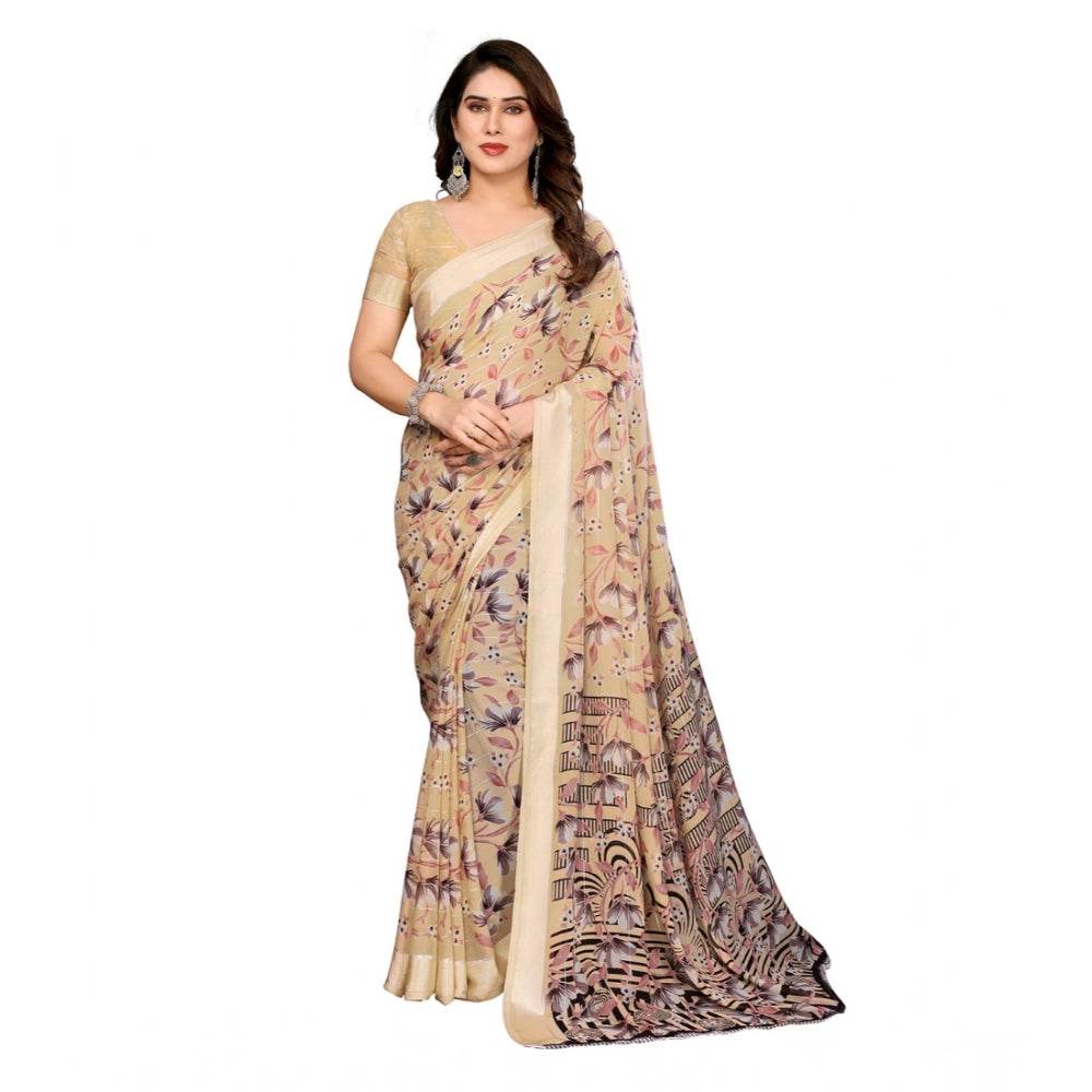 Generic Women's Georgette Printed Saree With Unstitched Blouse 5.5Mtr (Beige) - MYLUXURY LANE ENTERPRISE