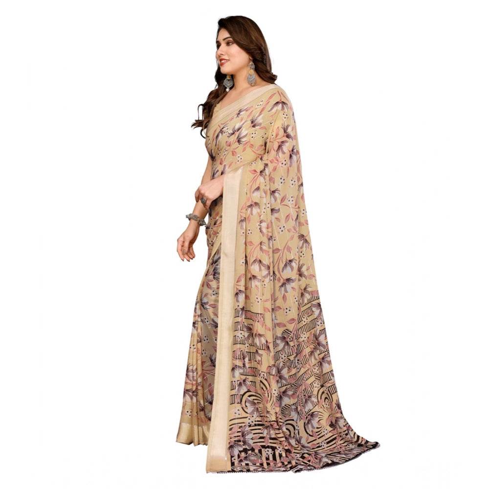 Generic Women's Georgette Printed Saree With Unstitched Blouse 5.5Mtr (Beige) - MYLUXURY LANE ENTERPRISE