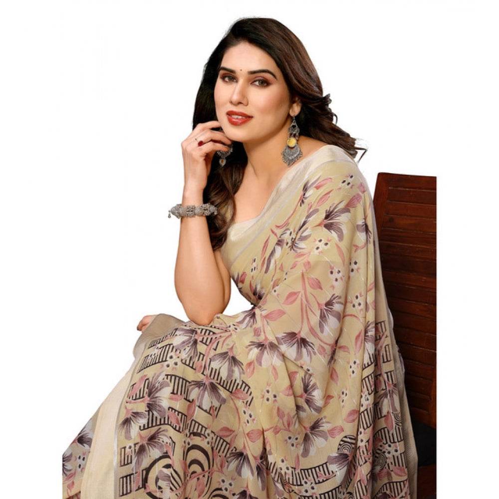 Generic Women's Georgette Printed Saree With Unstitched Blouse 5.5Mtr (Beige) - MYLUXURY LANE ENTERPRISE