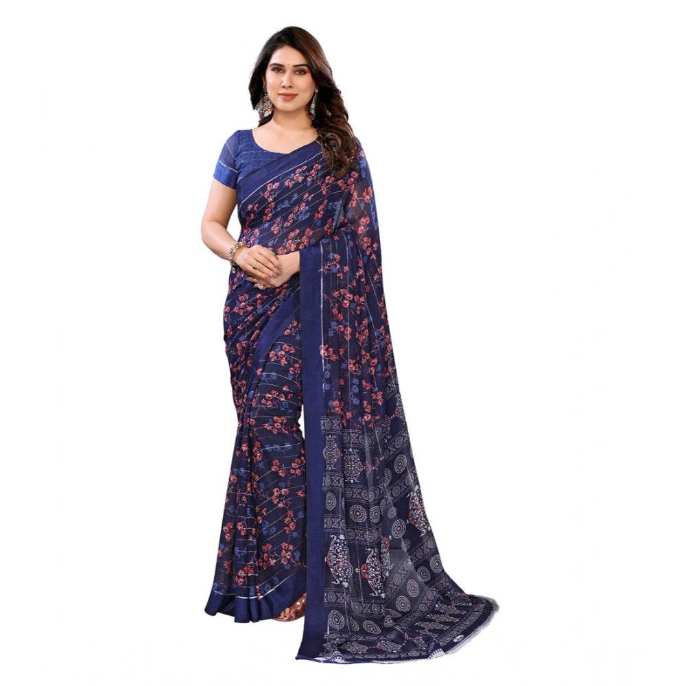 Generic Women's Georgette Printed Saree With Unstitched Blouse 5.5Mtr (Blue) - MYLUXURY LANE ENTERPRISE