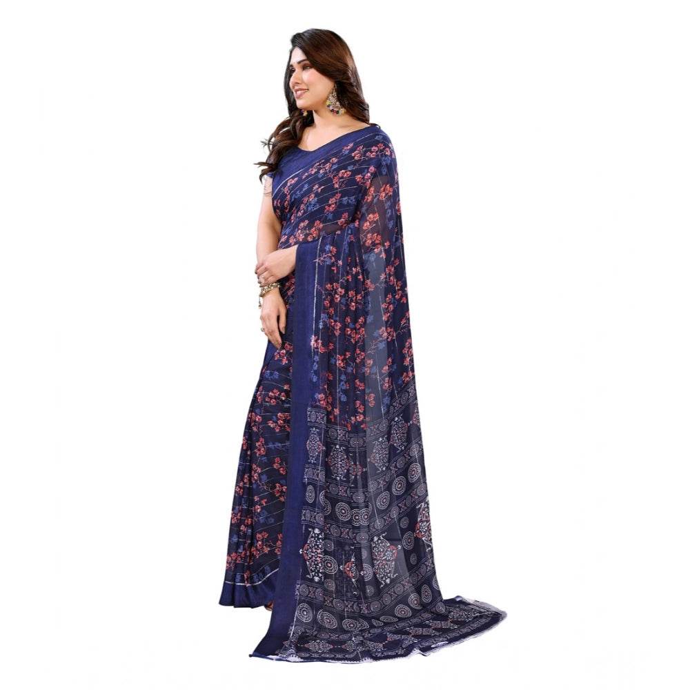 Generic Women's Georgette Printed Saree With Unstitched Blouse 5.5Mtr (Blue) - MYLUXURY LANE ENTERPRISE