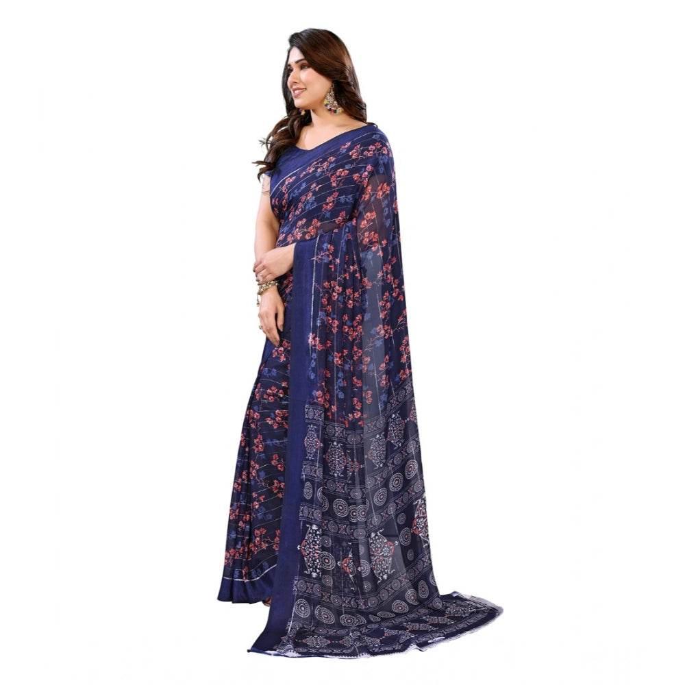 Generic Women's Georgette Printed Saree With Unstitched Blouse 5.5Mtr (Blue) - MYLUXURY LANE ENTERPRISE