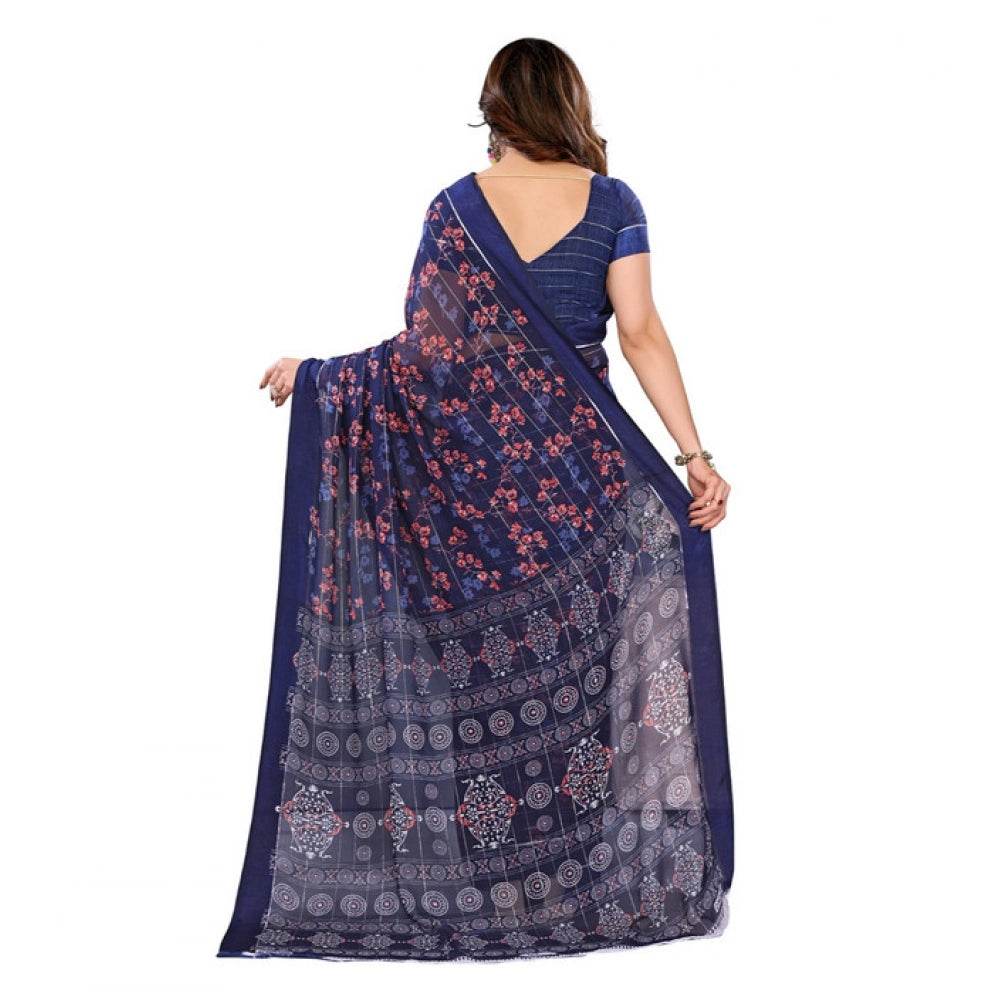 Generic Women's Georgette Printed Saree With Unstitched Blouse 5.5Mtr (Blue) - MYLUXURY LANE ENTERPRISE