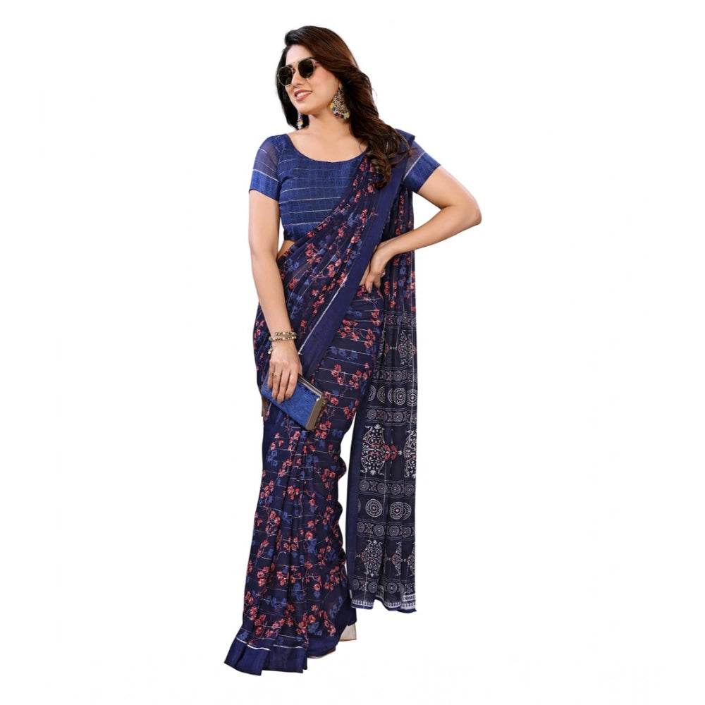 Generic Women's Georgette Printed Saree With Unstitched Blouse 5.5Mtr (Blue) - MYLUXURY LANE ENTERPRISE