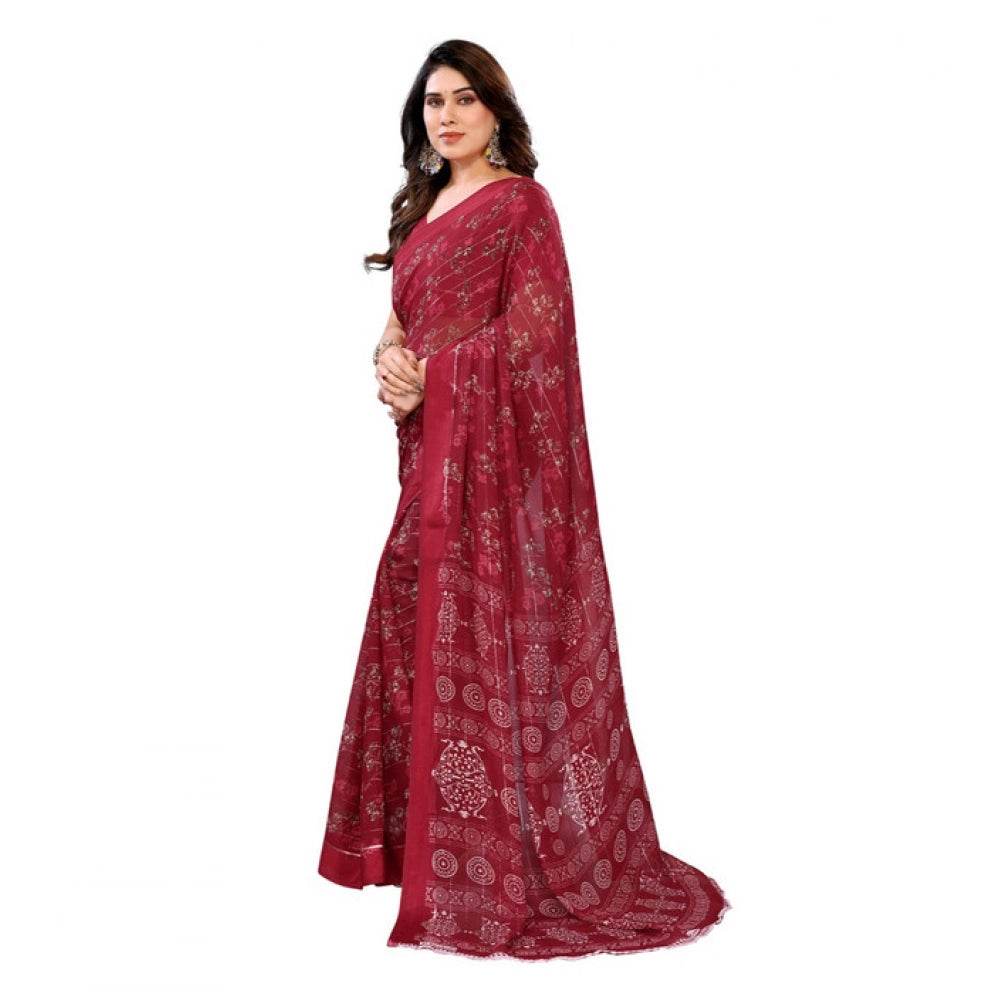 Generic Women's Georgette Printed Saree With Unstitched Blouse 5.5Mtr (Red) - MYLUXURY LANE ENTERPRISE