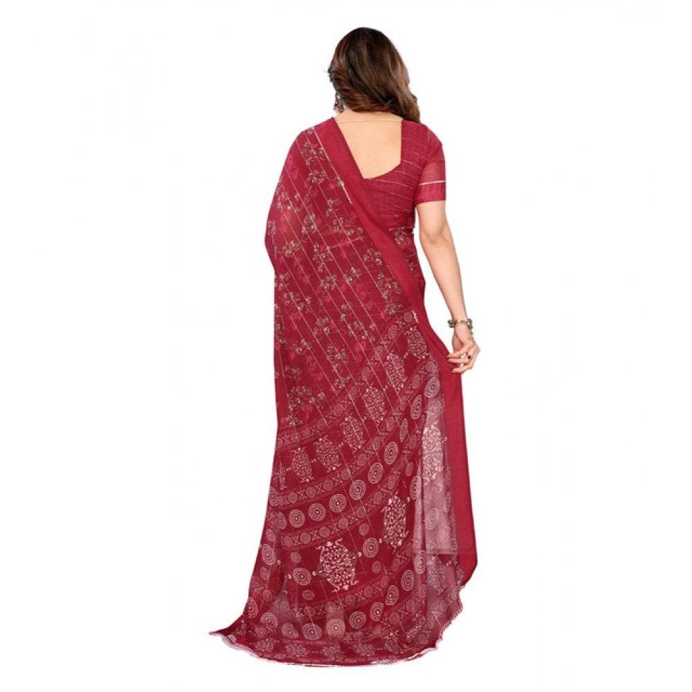Generic Women's Georgette Printed Saree With Unstitched Blouse 5.5Mtr (Red) - MYLUXURY LANE ENTERPRISE