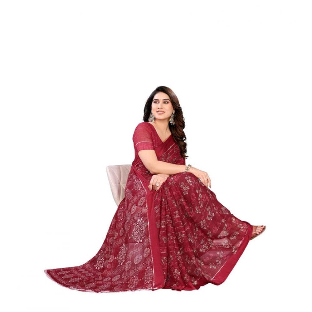 Generic Women's Georgette Printed Saree With Unstitched Blouse 5.5Mtr (Red) - MYLUXURY LANE ENTERPRISE
