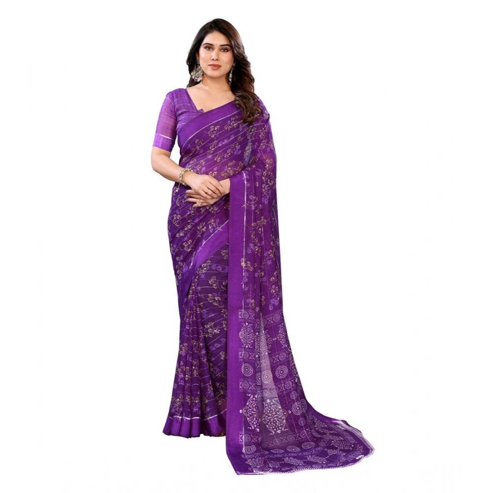 Generic Women's Georgette Printed Saree With Unstitched Blouse 5.5Mtr (Purple) - MYLUXURY LANE ENTERPRISE