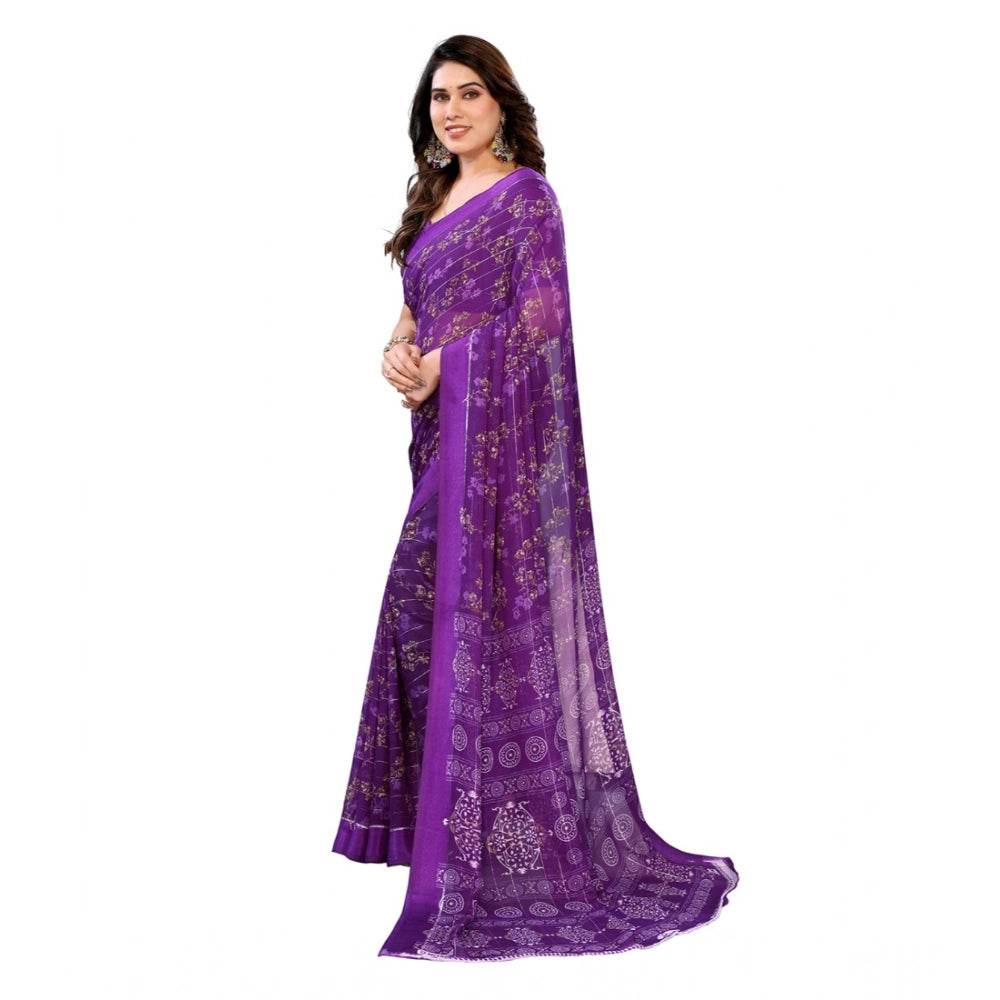Generic Women's Georgette Printed Saree With Unstitched Blouse 5.5Mtr (Purple) - MYLUXURY LANE ENTERPRISE