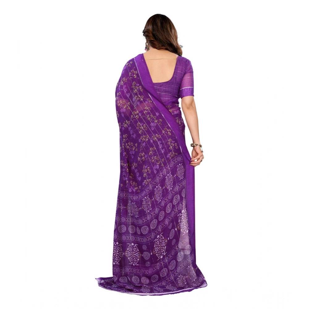Generic Women's Georgette Printed Saree With Unstitched Blouse 5.5Mtr (Purple) - MYLUXURY LANE ENTERPRISE