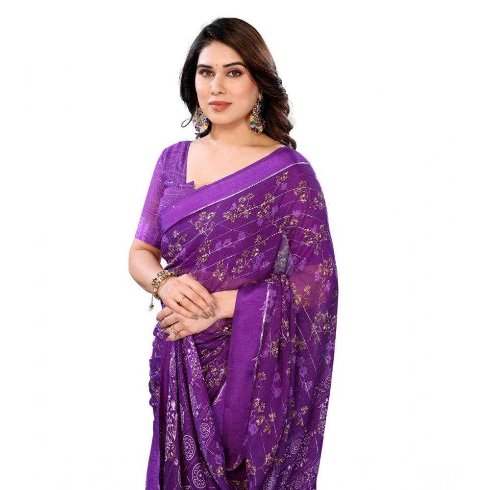 Generic Women's Georgette Printed Saree With Unstitched Blouse 5.5Mtr (Purple) - MYLUXURY LANE ENTERPRISE