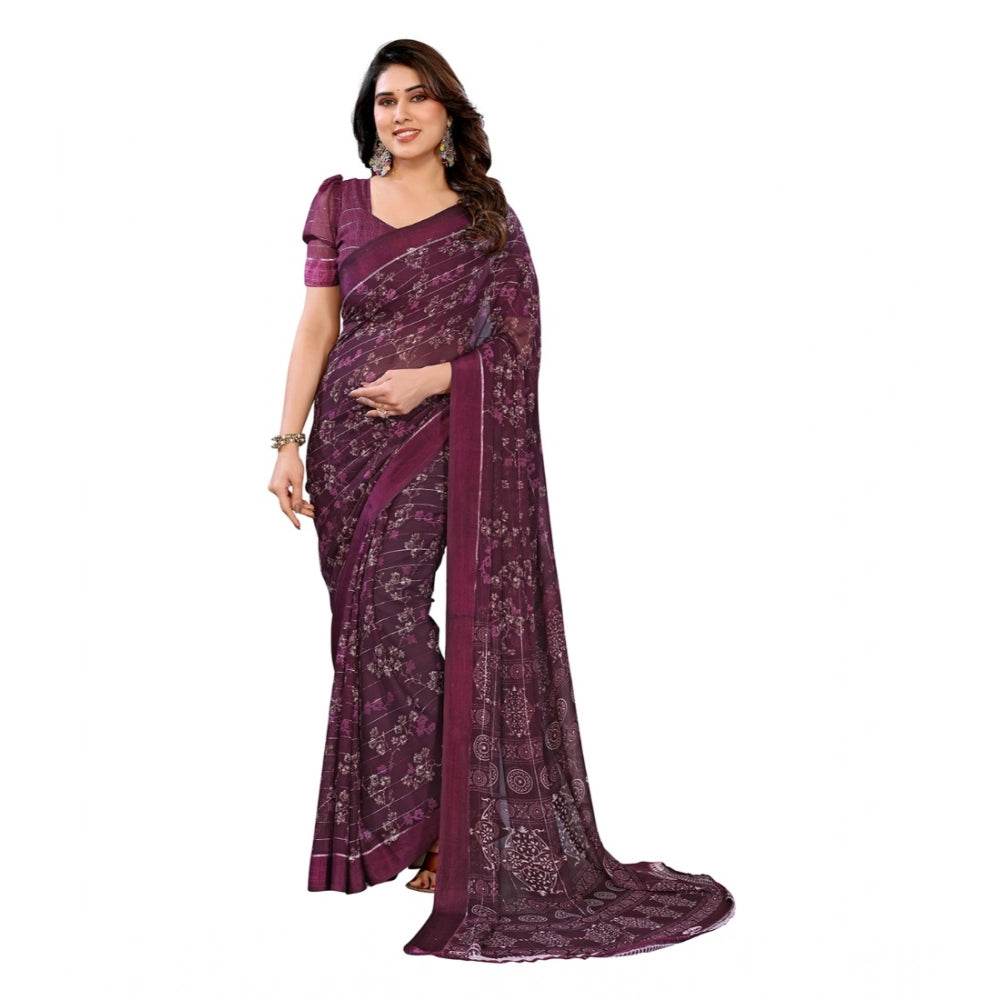 Generic Women's Georgette Printed Saree With Unstitched Blouse 5.5Mtr (Wine) - MYLUXURY LANE ENTERPRISE