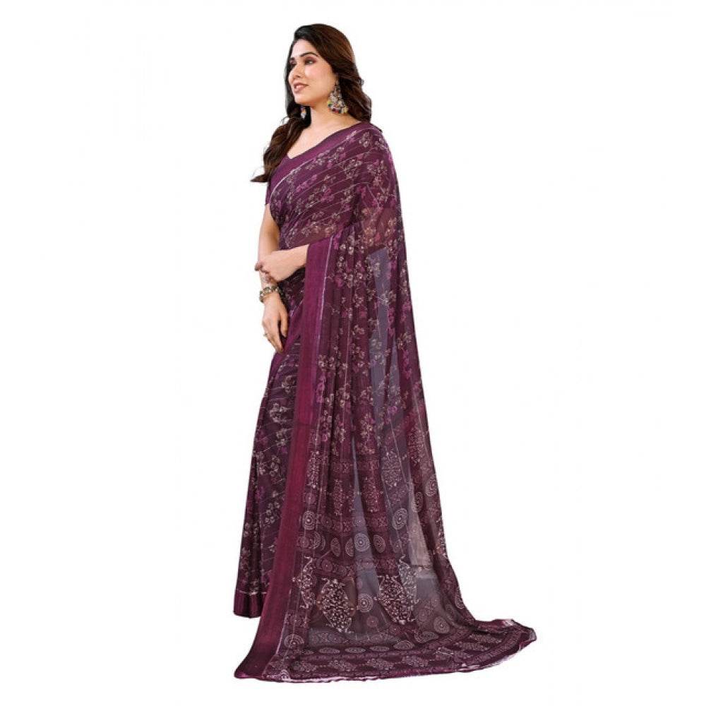Generic Women's Georgette Printed Saree With Unstitched Blouse 5.5Mtr (Wine) - MYLUXURY LANE ENTERPRISE