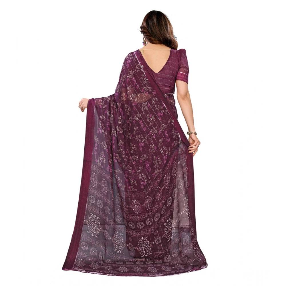 Generic Women's Georgette Printed Saree With Unstitched Blouse 5.5Mtr (Wine) - MYLUXURY LANE ENTERPRISE