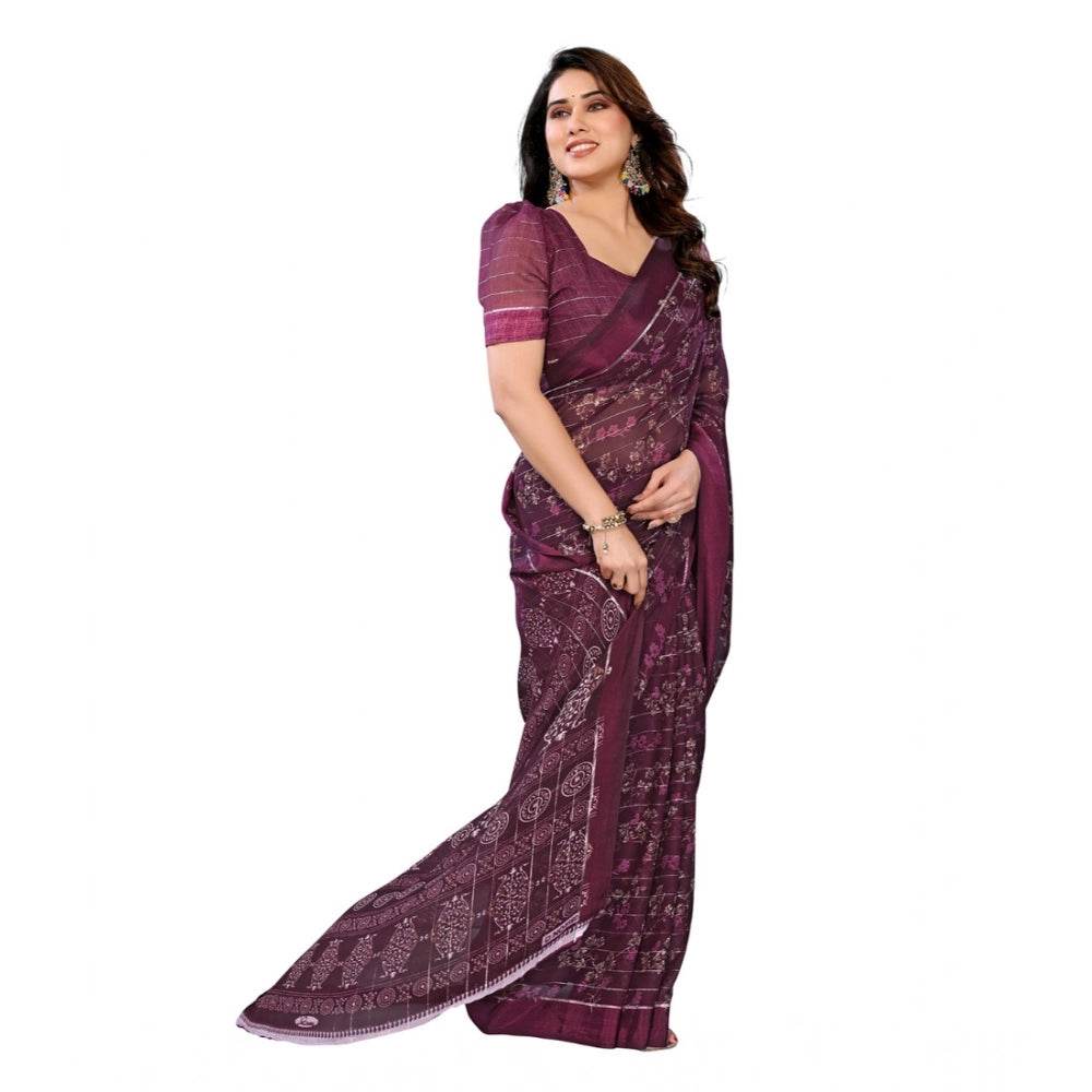 Generic Women's Georgette Printed Saree With Unstitched Blouse 5.5Mtr (Wine) - MYLUXURY LANE ENTERPRISE