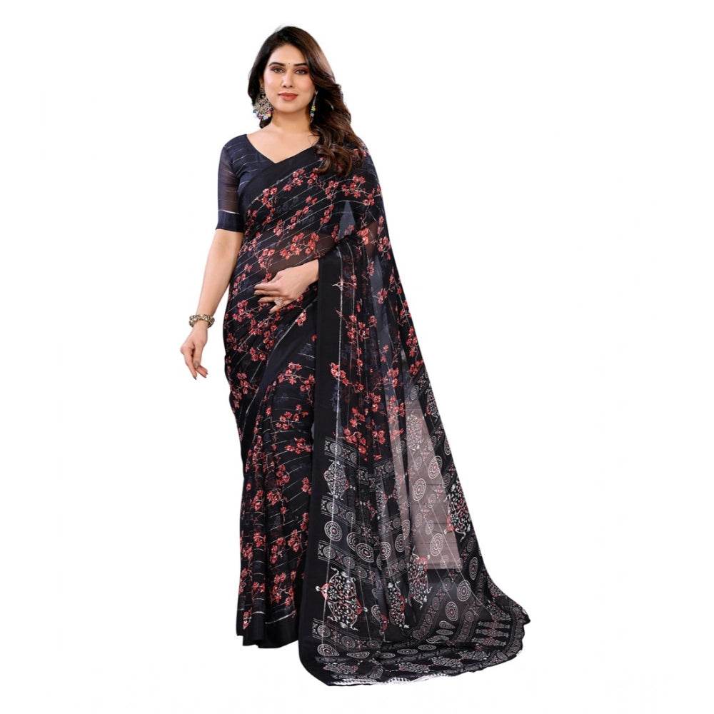 Generic Women's Georgette Printed Saree With Unstitched Blouse 5.5Mtr (Navy Blue) - MYLUXURY LANE ENTERPRISE