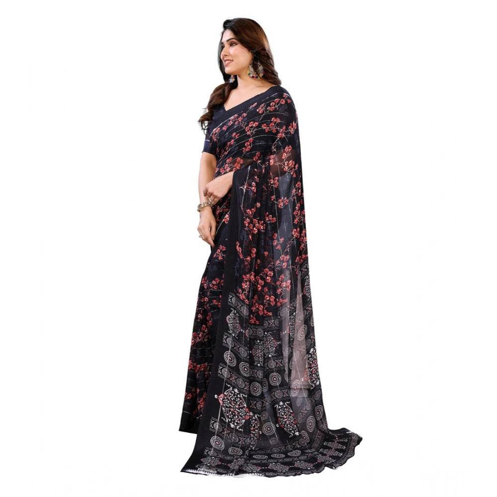 Generic Women's Georgette Printed Saree With Unstitched Blouse 5.5Mtr (Navy Blue) - MYLUXURY LANE ENTERPRISE