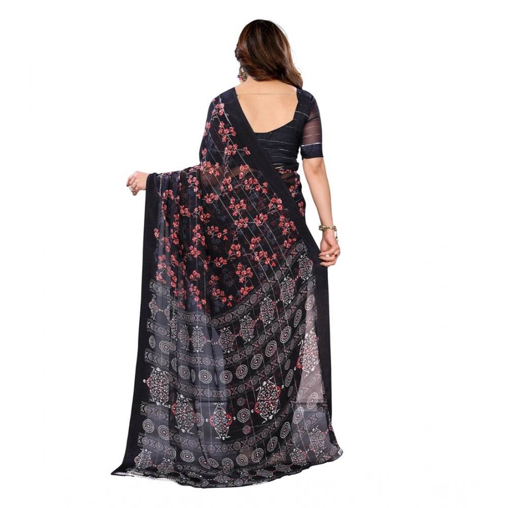 Generic Women's Georgette Printed Saree With Unstitched Blouse 5.5Mtr (Navy Blue) - MYLUXURY LANE ENTERPRISE