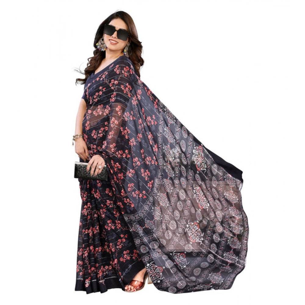Generic Women's Georgette Printed Saree With Unstitched Blouse 5.5Mtr (Navy Blue) - MYLUXURY LANE ENTERPRISE