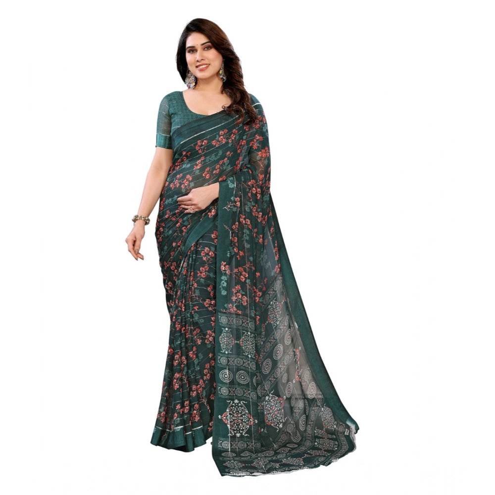 Generic Women's Georgette Printed Saree With Unstitched Blouse 5.5Mtr (Green) - MYLUXURY LANE ENTERPRISE