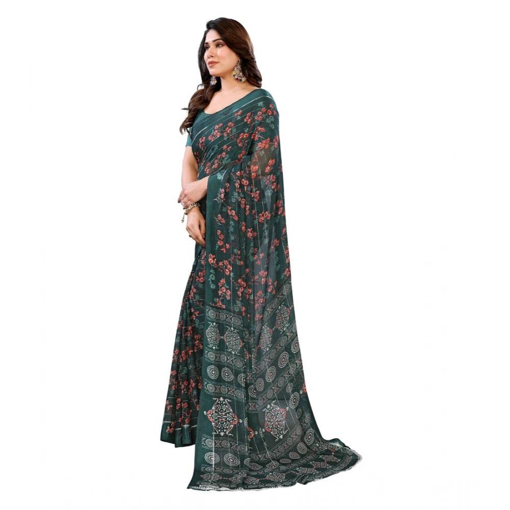 Generic Women's Georgette Printed Saree With Unstitched Blouse 5.5Mtr (Green) - MYLUXURY LANE ENTERPRISE