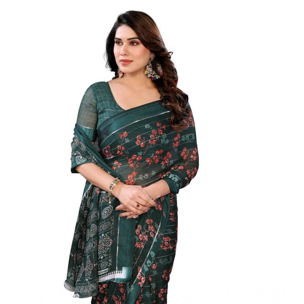 Generic Women's Georgette Printed Saree With Unstitched Blouse 5.5Mtr (Green) - MYLUXURY LANE ENTERPRISE