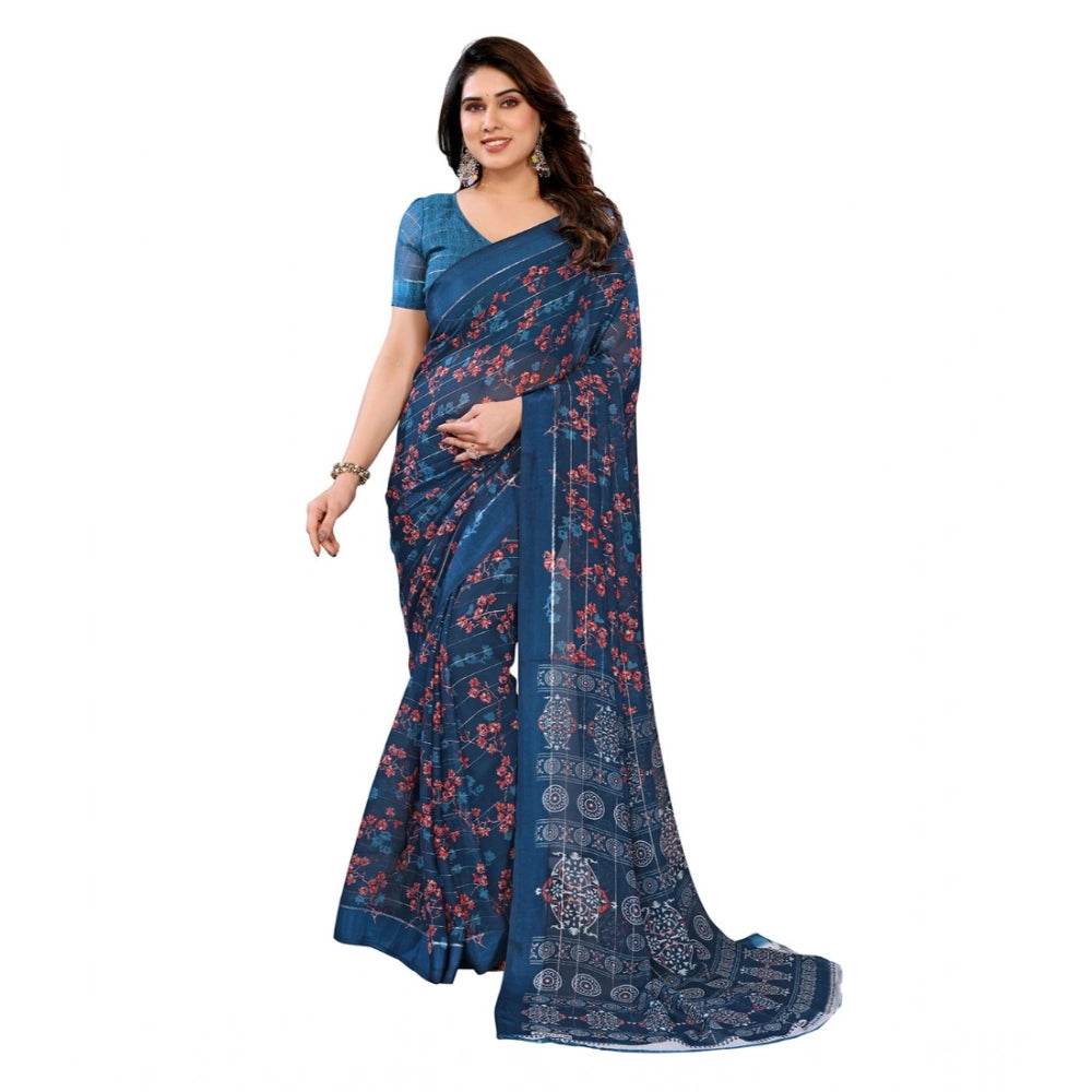 Generic Women's Georgette Printed Saree With Unstitched Blouse 5.5Mtr (Blue) - MYLUXURY LANE ENTERPRISE