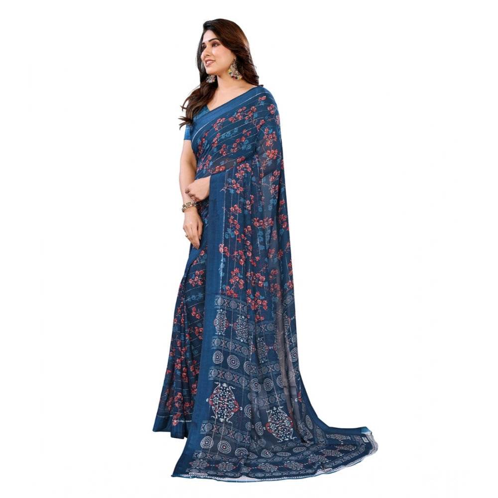 Generic Women's Georgette Printed Saree With Unstitched Blouse 5.5Mtr (Blue) - MYLUXURY LANE ENTERPRISE