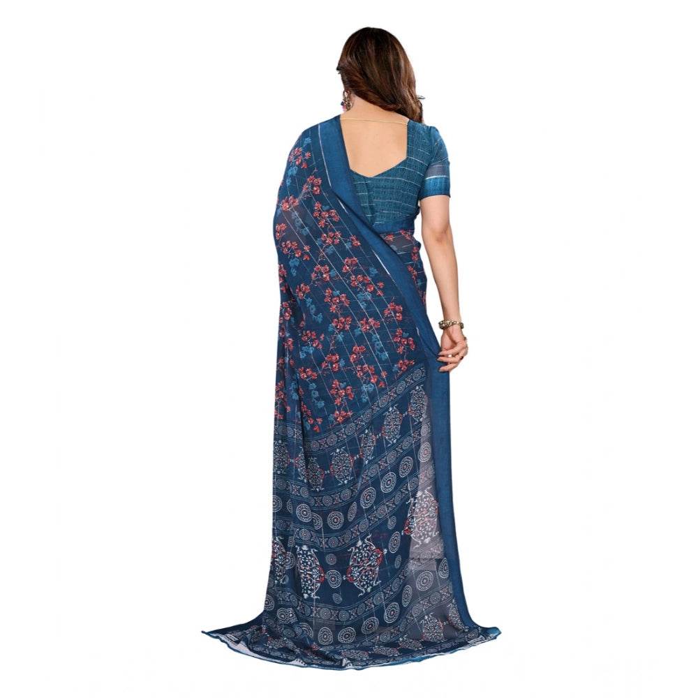 Generic Women's Georgette Printed Saree With Unstitched Blouse 5.5Mtr (Blue) - MYLUXURY LANE ENTERPRISE